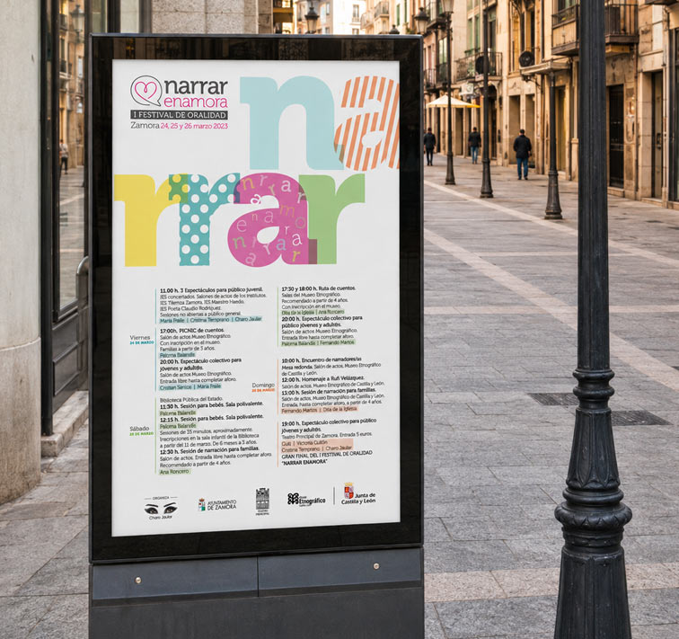 diseño de mupi para festival Narrar Enamora